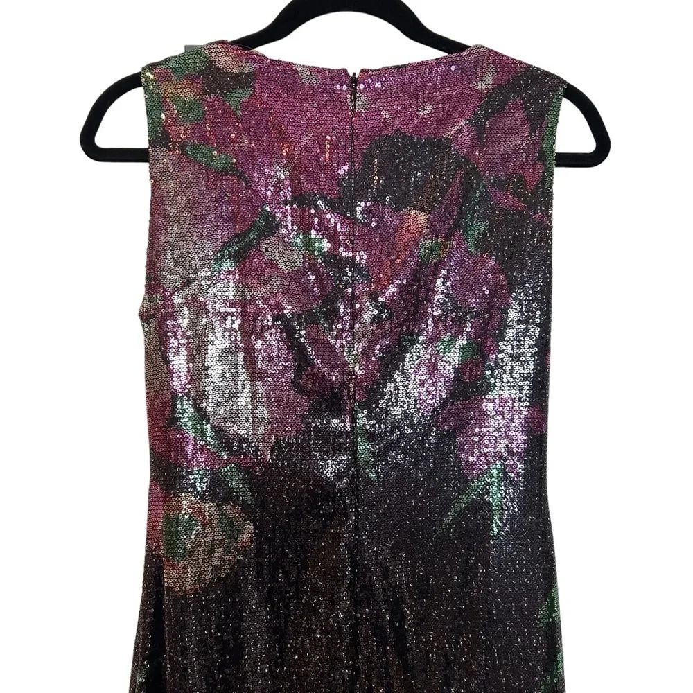 T Tahari Helena Black/Multi Color Floral Sequin Sleeveless Pleated Collar Dress - Picture 8 of 16